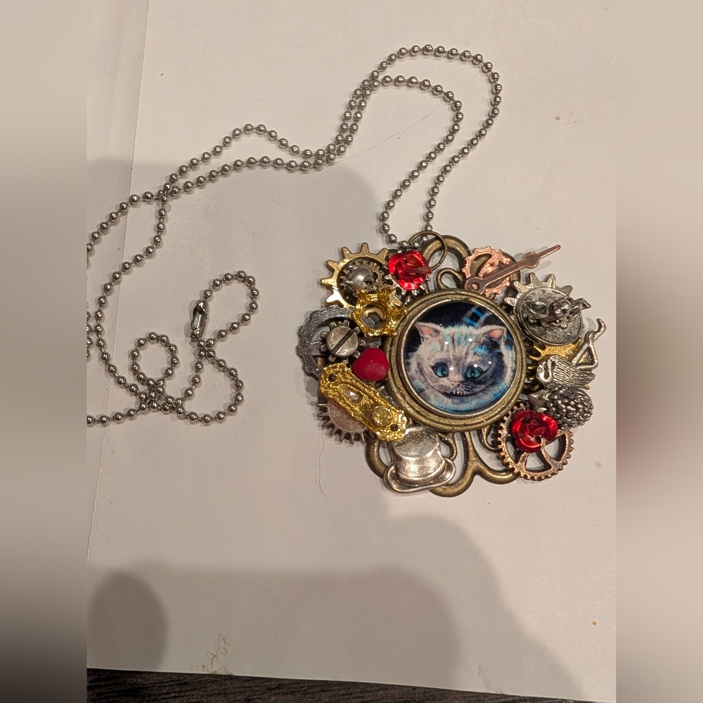 Steampunk Cat Pendant Necklace with Red Accents